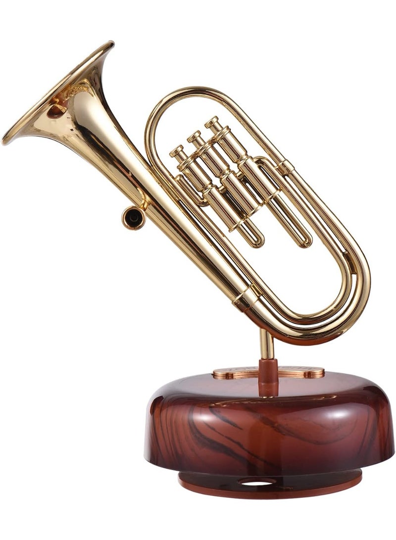 صندوق موسيقي يعمل بالزنبرك، صندوق موسيقي على شكل بوق، صندوق موسيقي كلاسيكي يعمل بالزنبرك، صندوق موسيقي دوار، قاعدة دوارة، آلة نفخ نحاسية، نسخة مصغرة، هدية فنية لعيد الميلاد، عيد الميلاد، عيد الحب، عيد الأم - Image 2